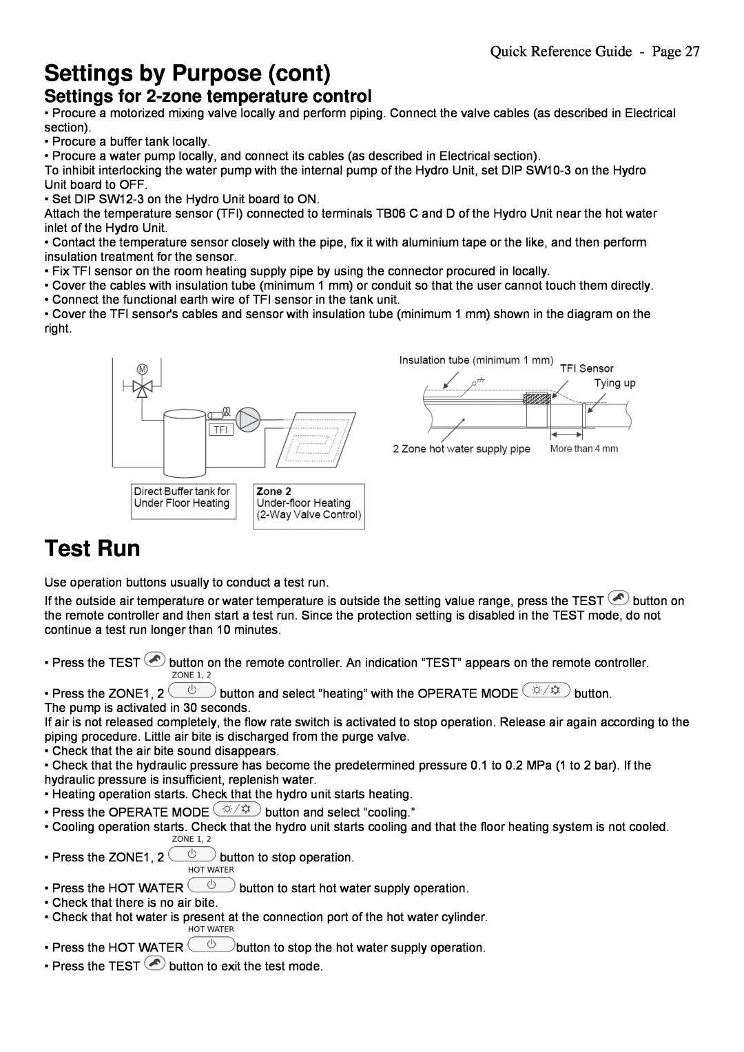 Toshiba A09-01P Settings by Purpose cont, Test Run, Settings for 2-zonetemperature control, Quick Reference Guide - Page 