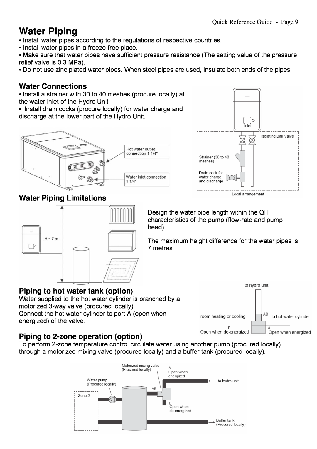 Toshiba A09-01P manual Water Connections, Water Piping Limitations, Piping to hot water tank option 