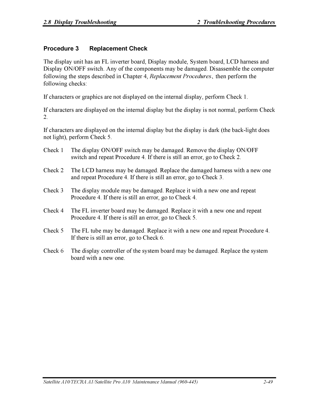Toshiba A10 manual Display Troubleshooting Troubleshooting Procedures, Procedure 3 Replacement Check 