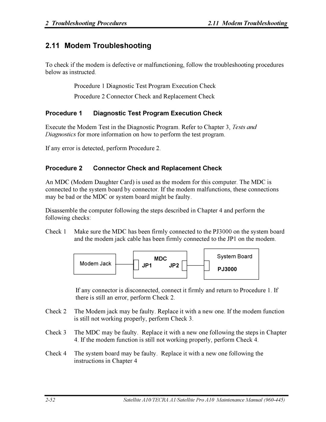 Toshiba A10 manual Troubleshooting Procedures Modem Troubleshooting 