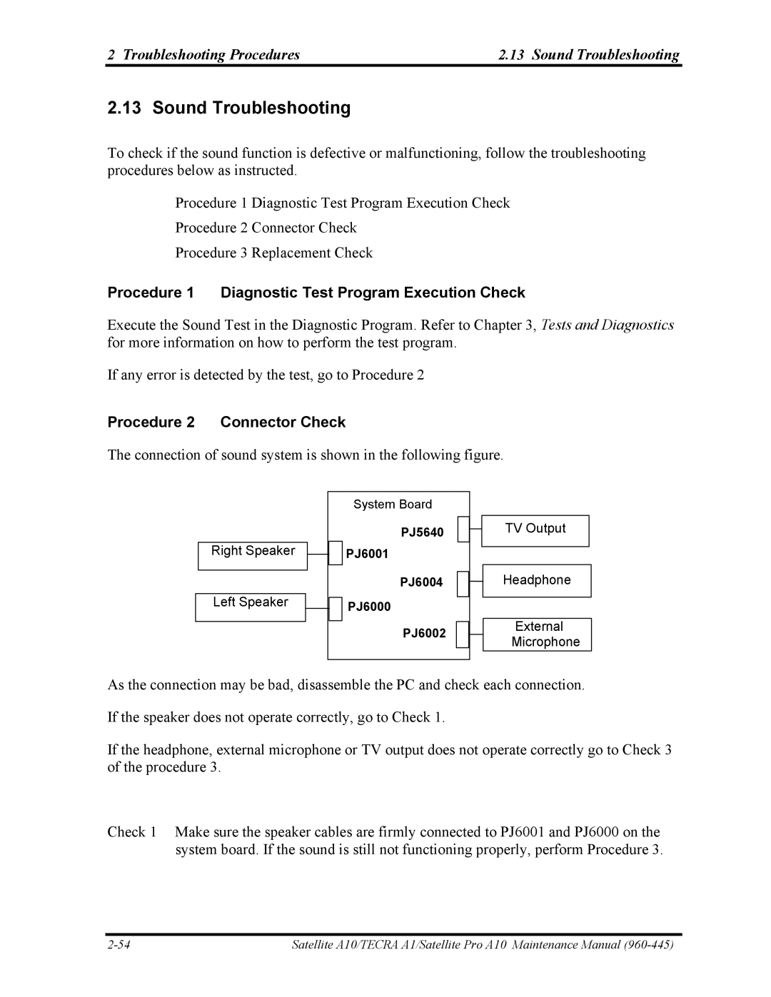 Toshiba A10 manual Troubleshooting Procedures Sound Troubleshooting, Procedure 2 Connector Check 