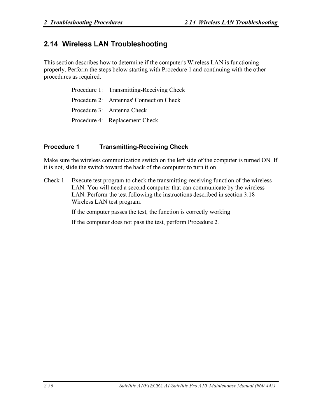 Toshiba A10 manual Troubleshooting Procedures Wireless LAN Troubleshooting, Procedure 1 Transmitting-Receiving Check 