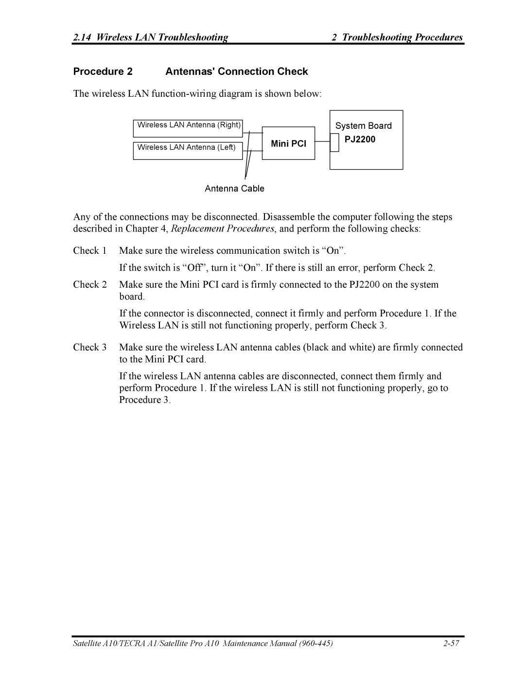 Toshiba A10 Wireless LAN Troubleshooting Troubleshooting Procedures, Procedure 2 Antennas Connection Check, Mini PCI 