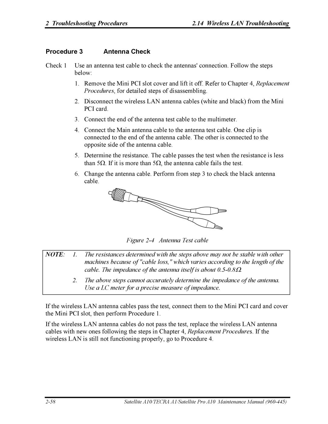 Toshiba A10 manual Procedure Antenna Check 