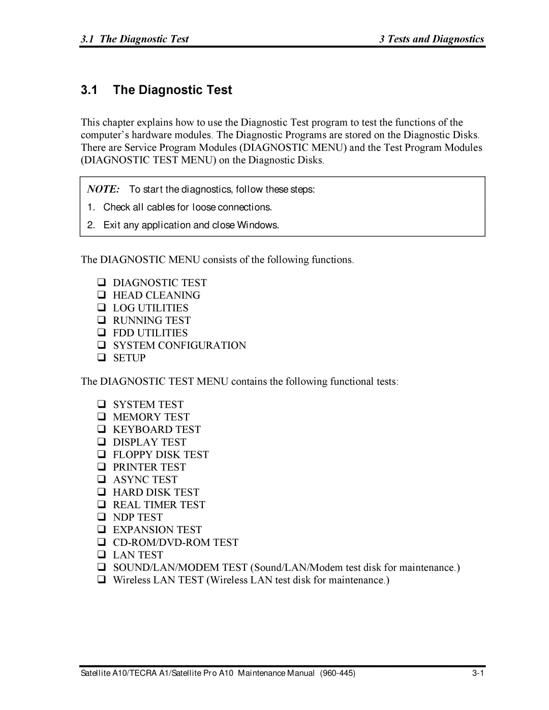 Toshiba A10 manual Diagnostic Test Tests and Diagnostics 