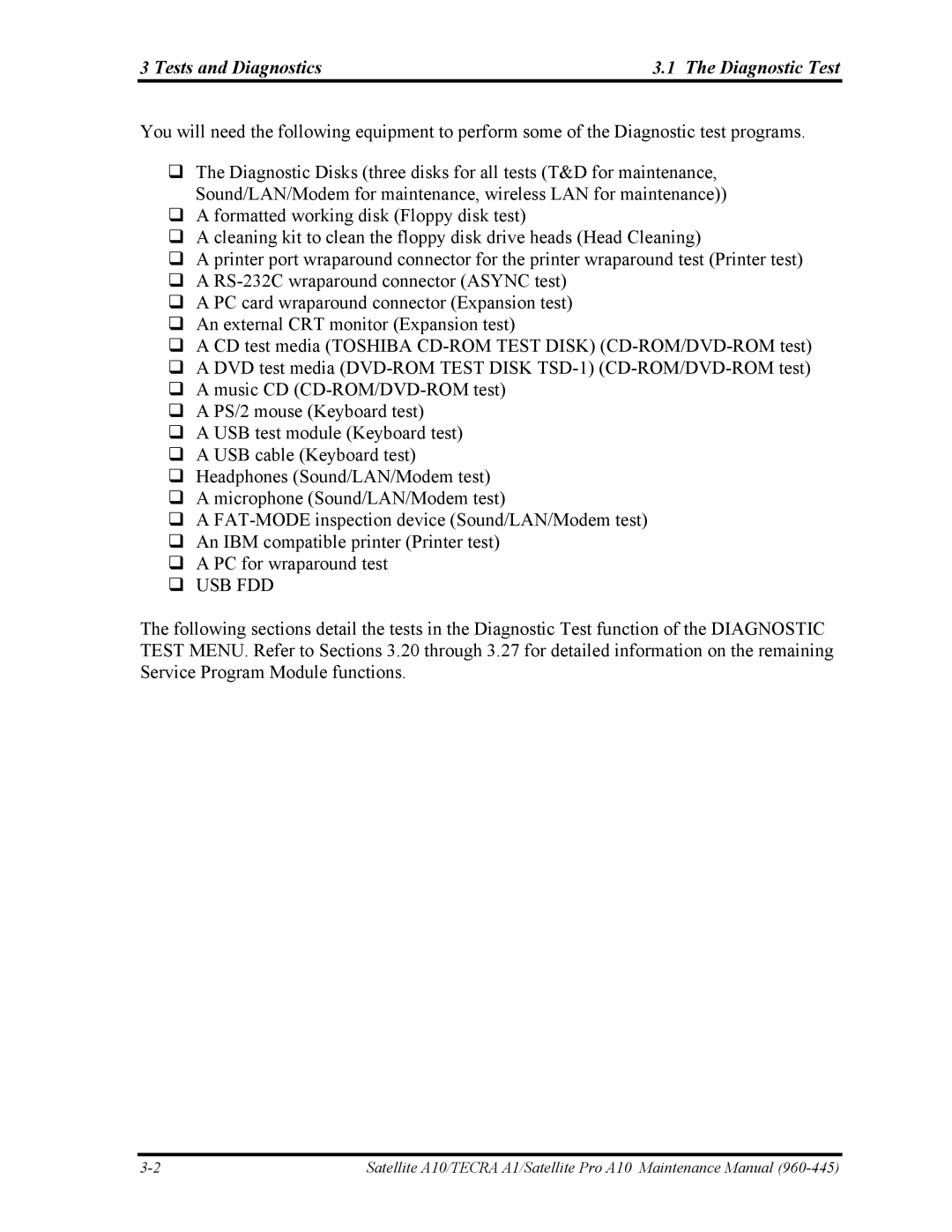 Toshiba A10 manual Tests and Diagnostics Diagnostic Test 