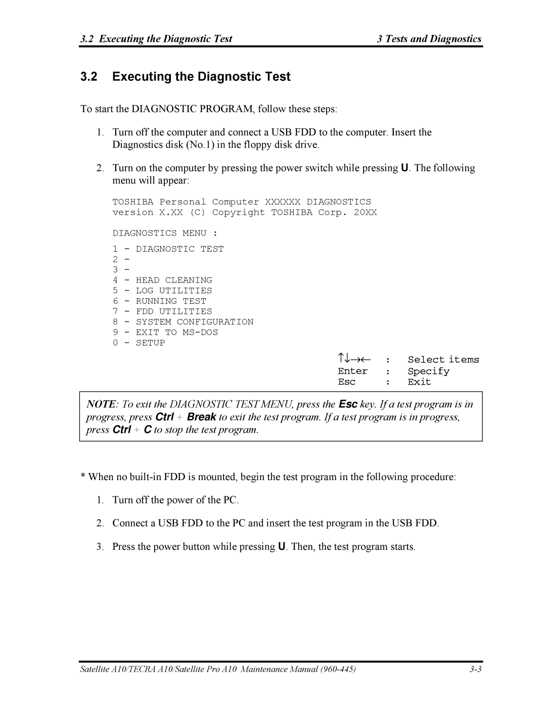 Toshiba A10 manual Executing the Diagnostic Test Tests and Diagnostics 