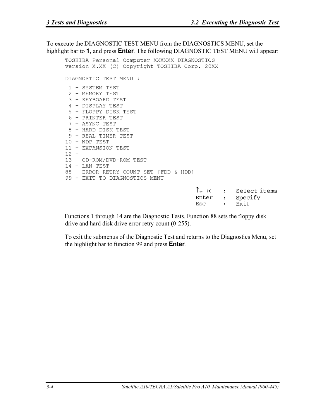 Toshiba A10 manual Tests and Diagnostics Executing the Diagnostic Test 