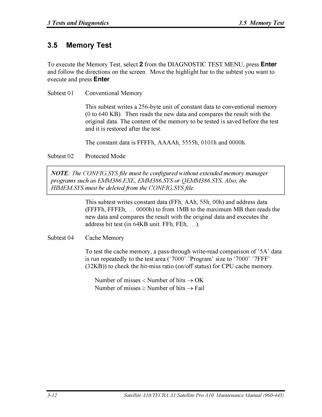 Toshiba A10 manual Tests and Diagnostics Memory Test 