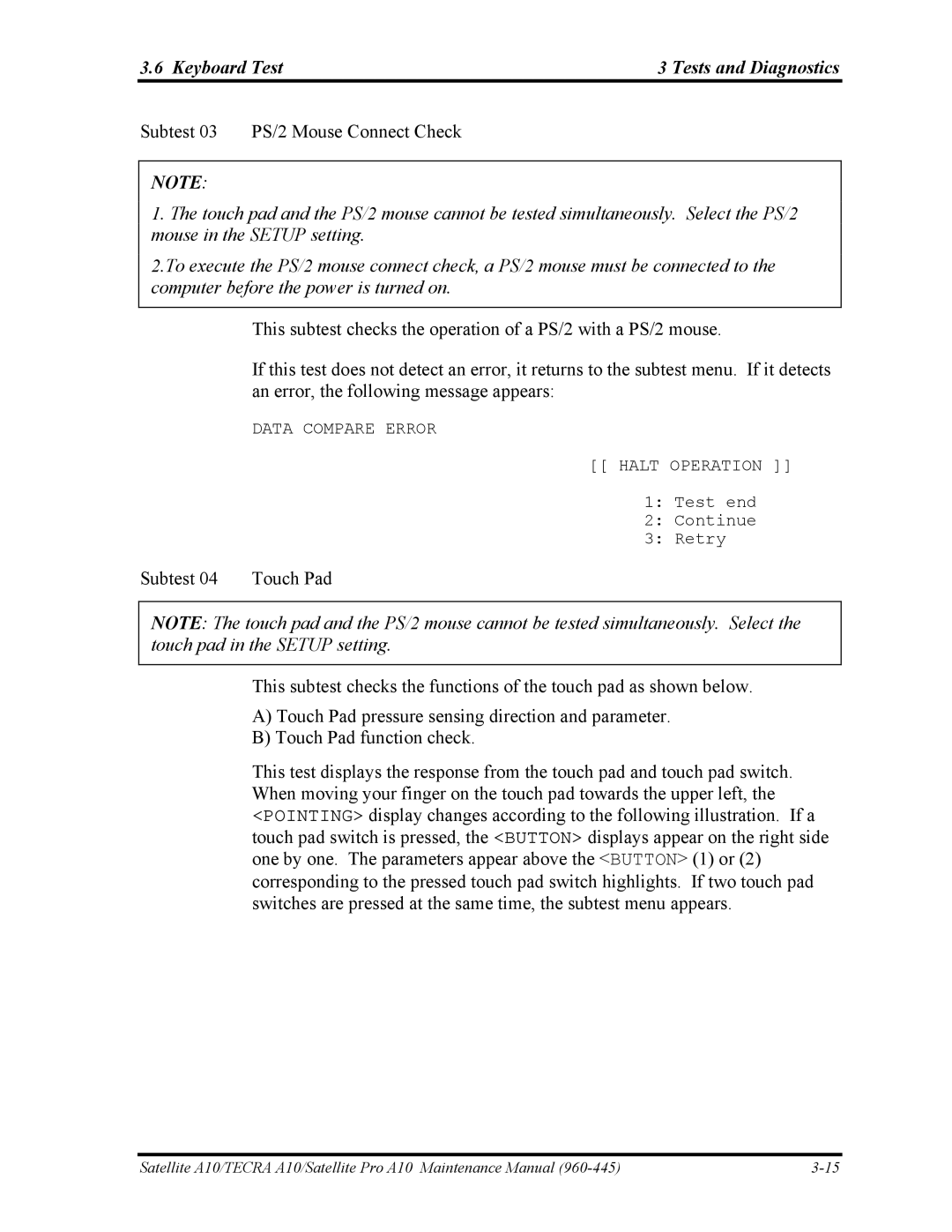 Toshiba A10 manual Keyboard Test Tests and Diagnostics 