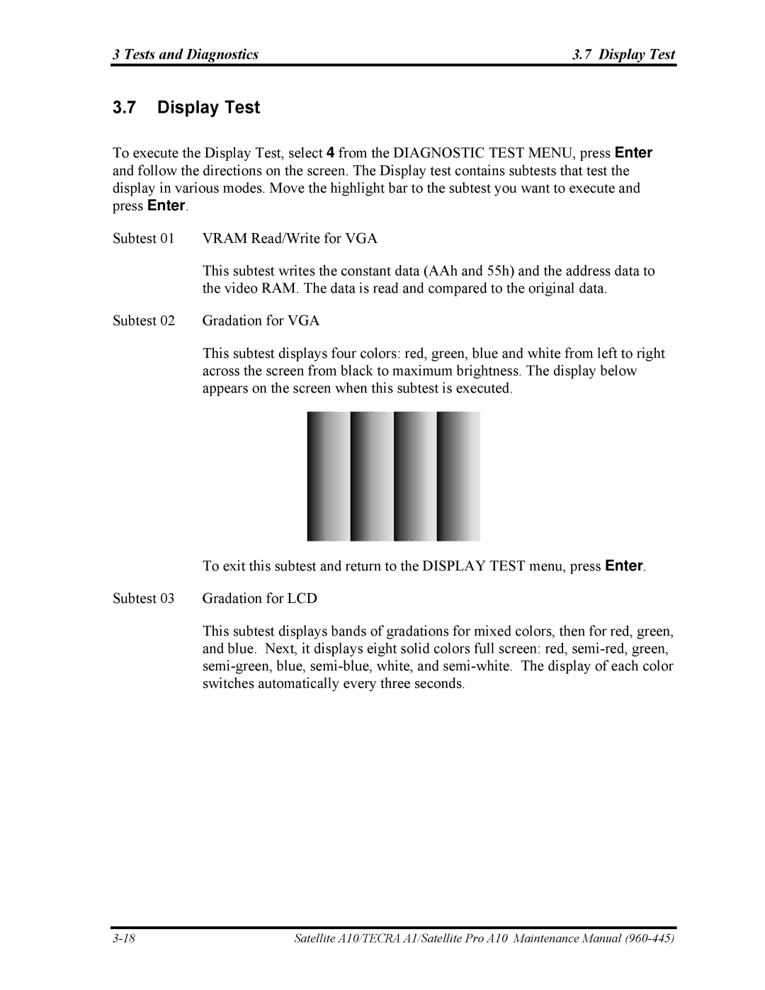 Toshiba A10 manual Tests and Diagnostics Display Test 