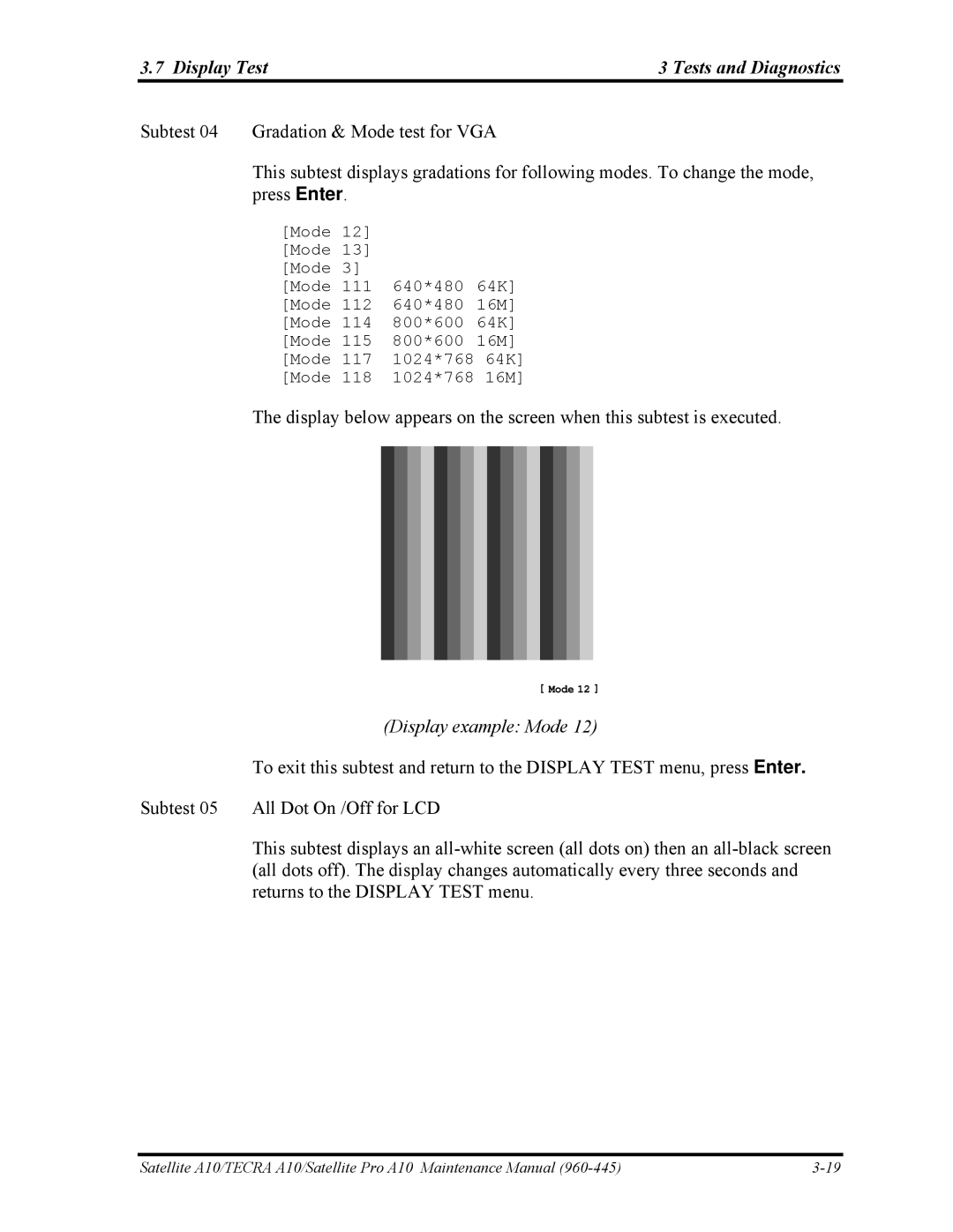 Toshiba A10 manual Display Test Tests and Diagnostics, Display example Mode 