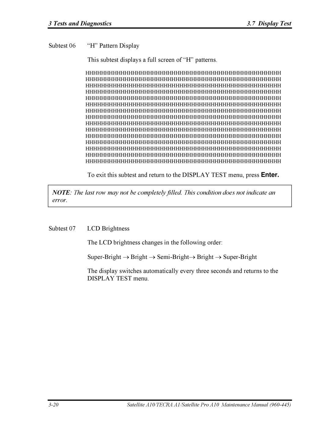 Toshiba A10 manual Tests and Diagnostics Display Test 