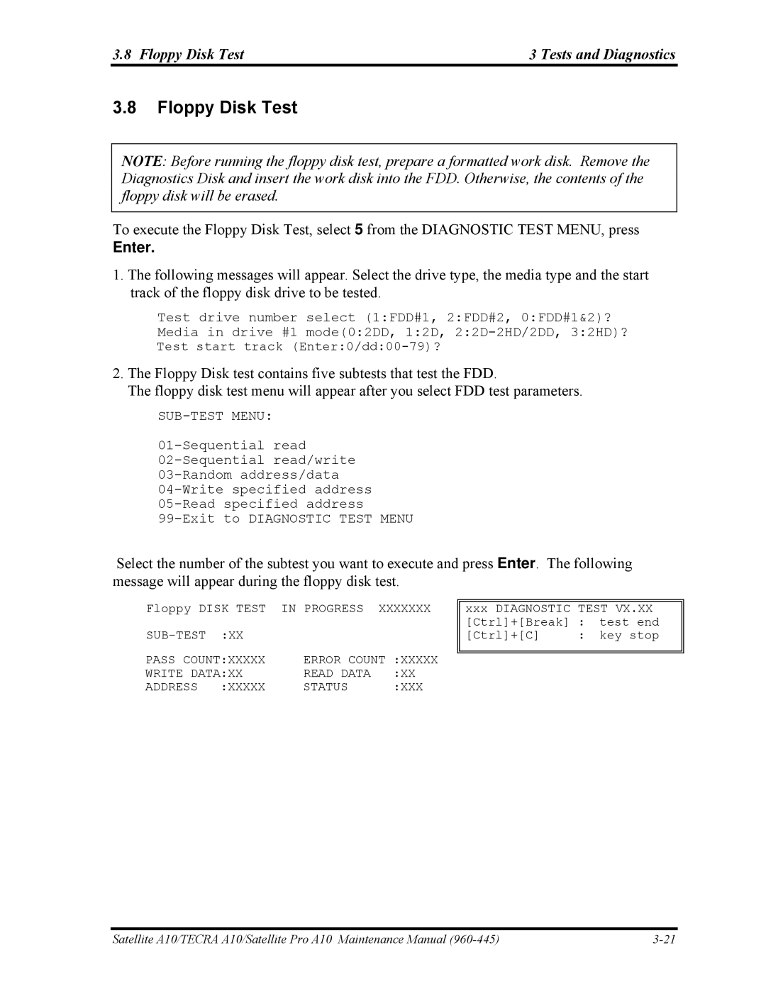 Toshiba A10 manual Floppy Disk Test Tests and Diagnostics 