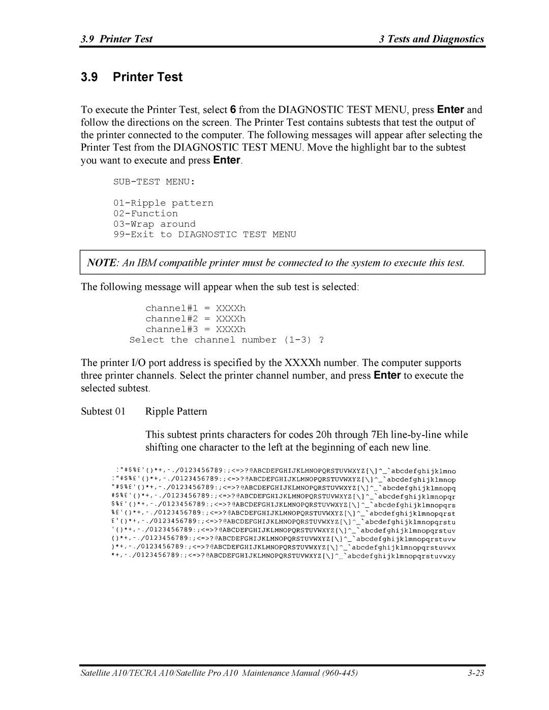 Toshiba A10 manual Printer Test Tests and Diagnostics 