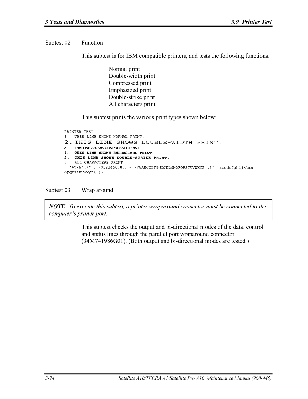 Toshiba A10 manual Tests and Diagnostics Printer Test 