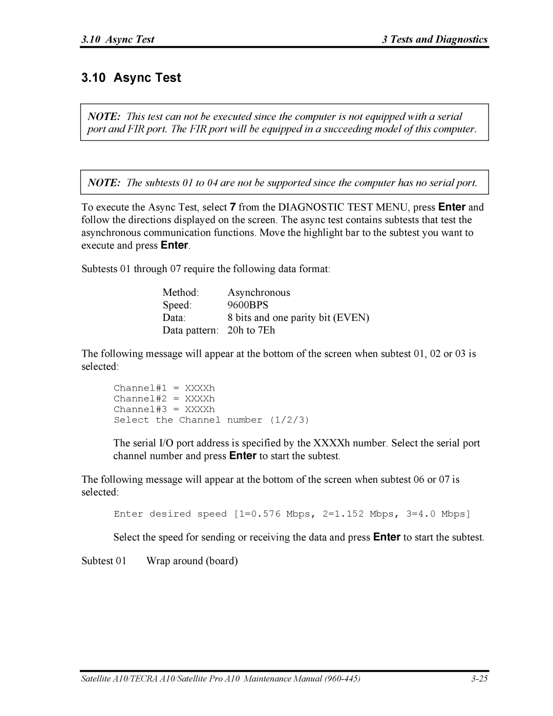 Toshiba A10 manual Async Test Tests and Diagnostics 