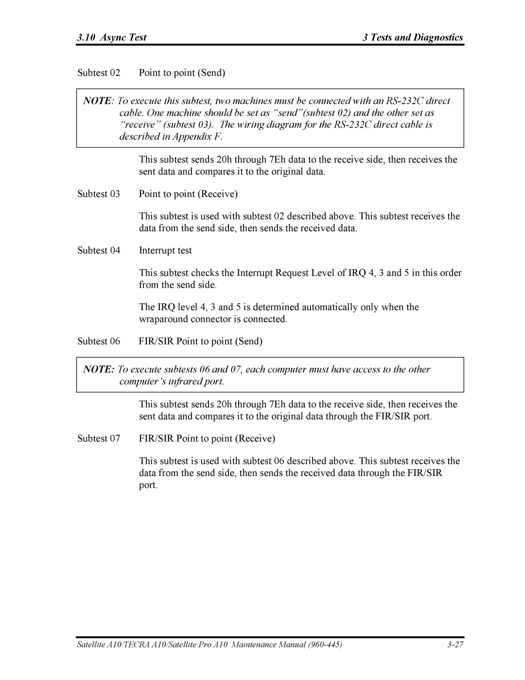 Toshiba A10 manual Async Test Tests and Diagnostics 