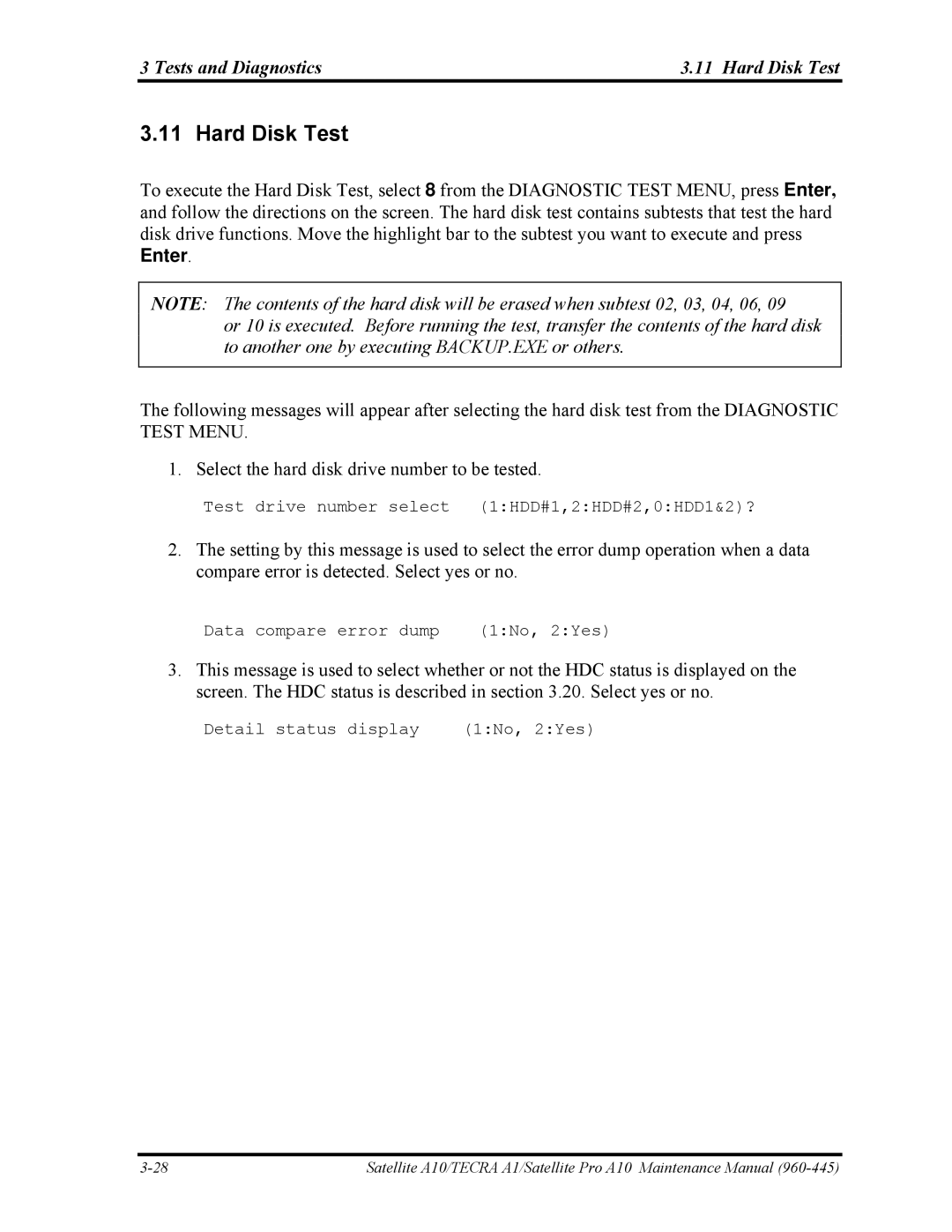 Toshiba A10 manual Tests and Diagnostics Hard Disk Test 