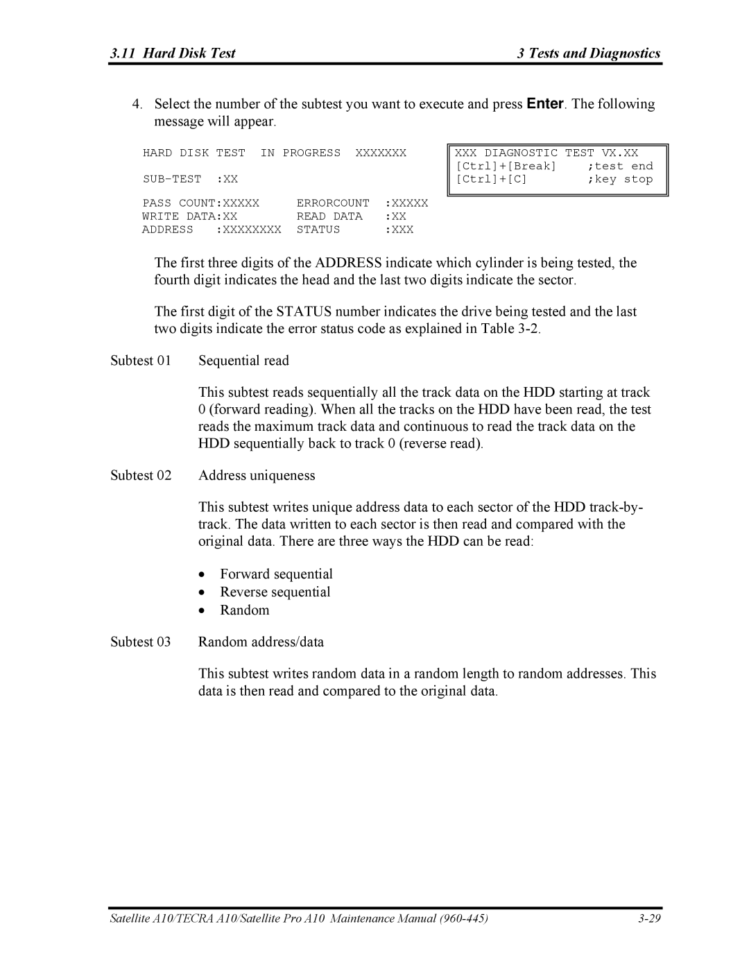 Toshiba A10 manual Hard Disk Test Tests and Diagnostics 