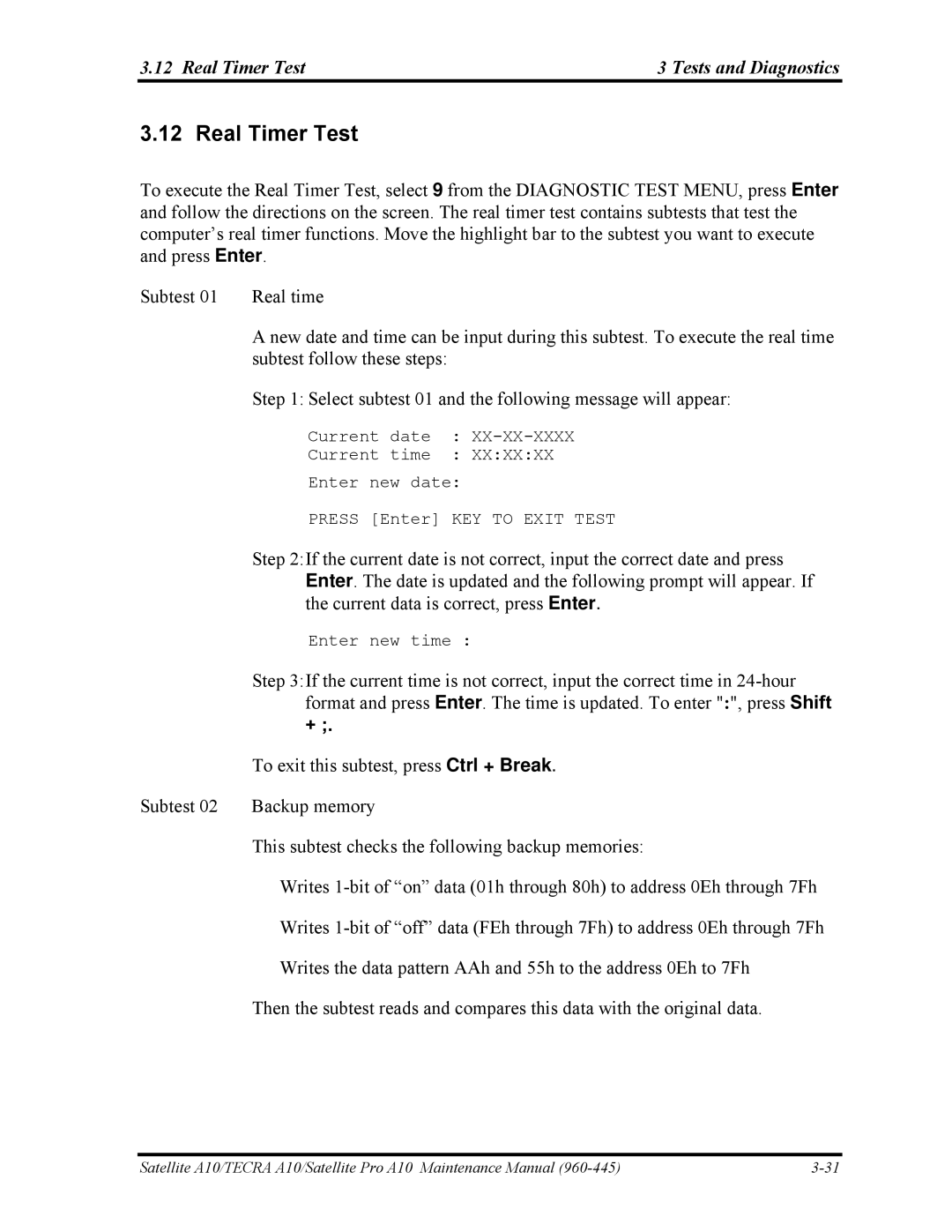 Toshiba A10 manual Real Timer Test Tests and Diagnostics 