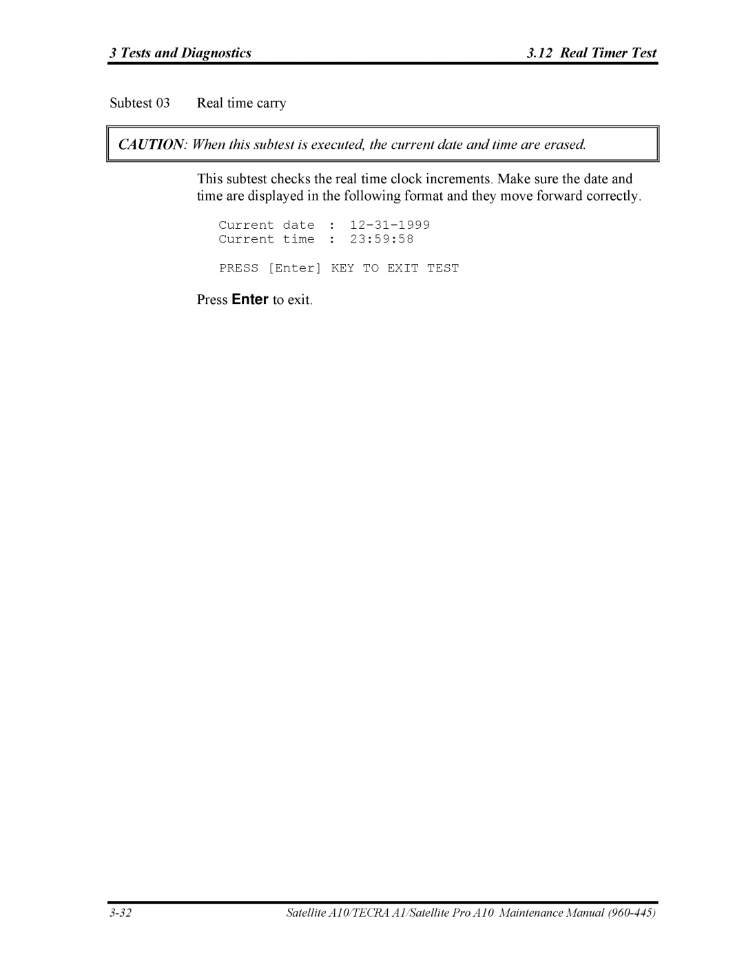 Toshiba A10 manual Tests and Diagnostics Real Timer Test 