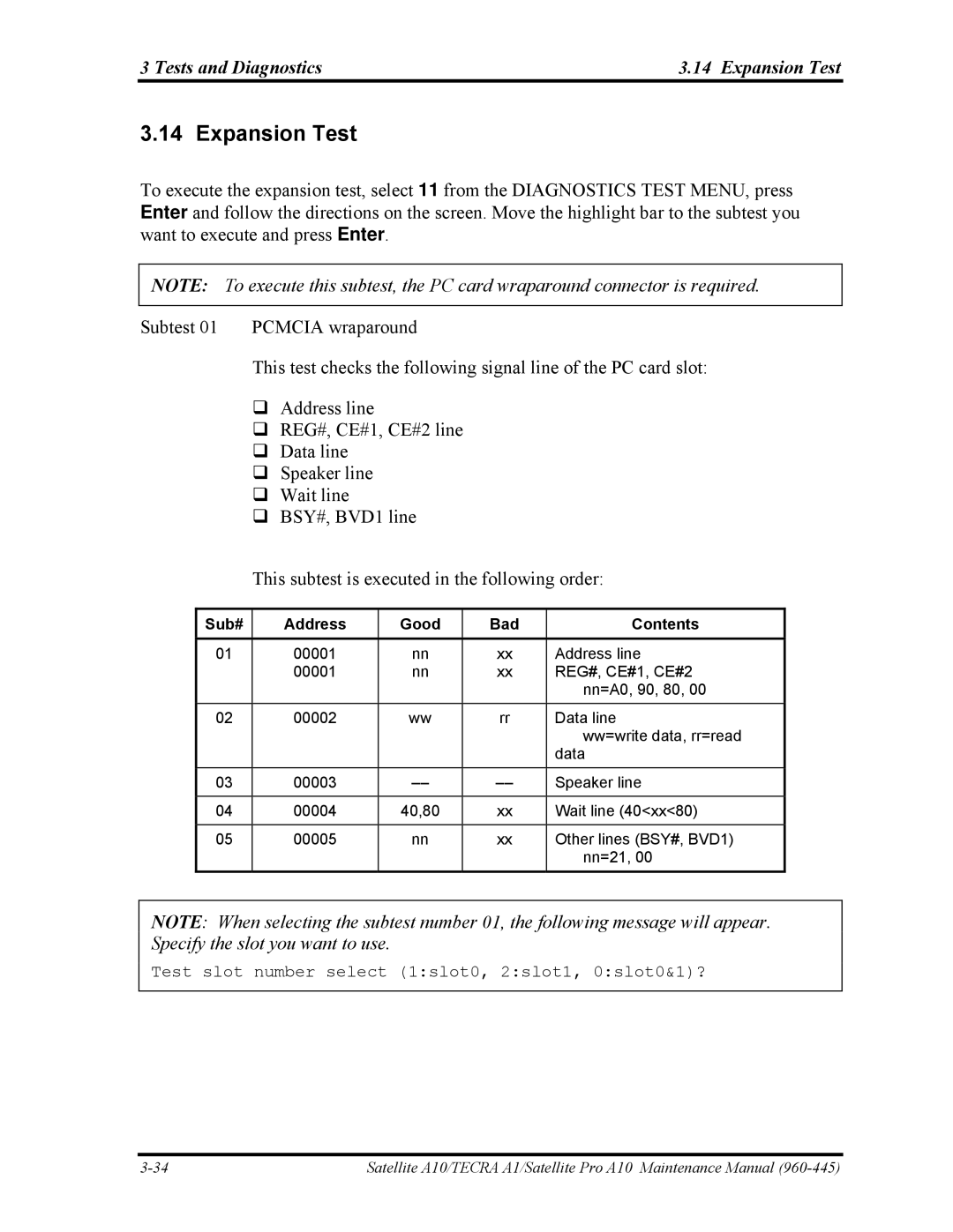 Toshiba A10 manual Tests and Diagnostics Expansion Test, Sub# Address Good Bad Contents 