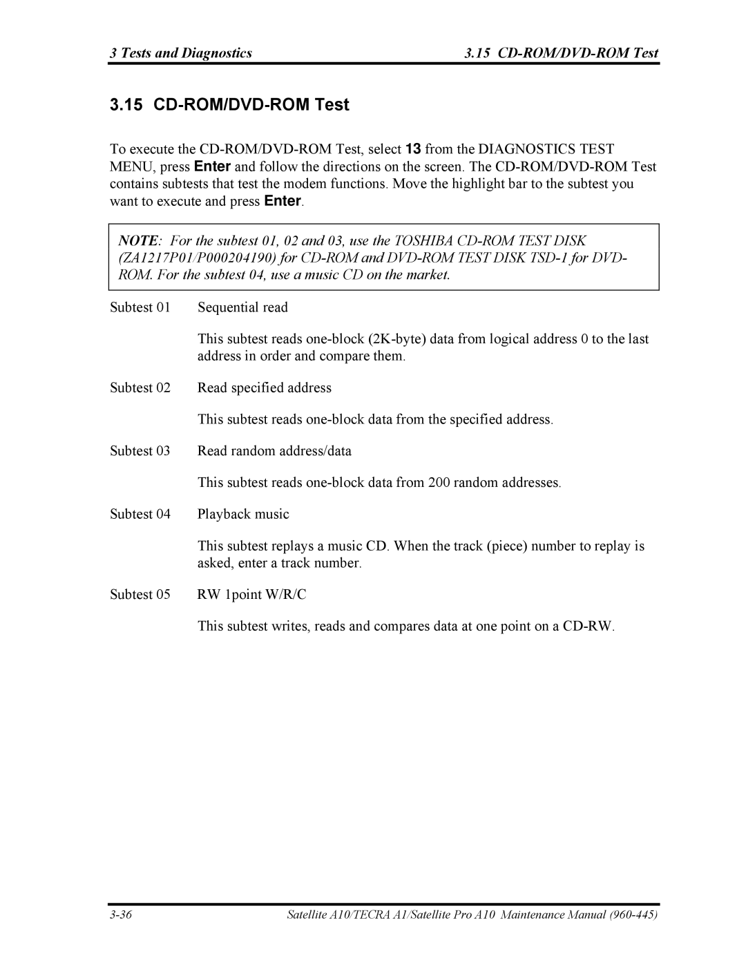 Toshiba A10 manual Tests and Diagnostics CD-ROM/DVD-ROM Test 