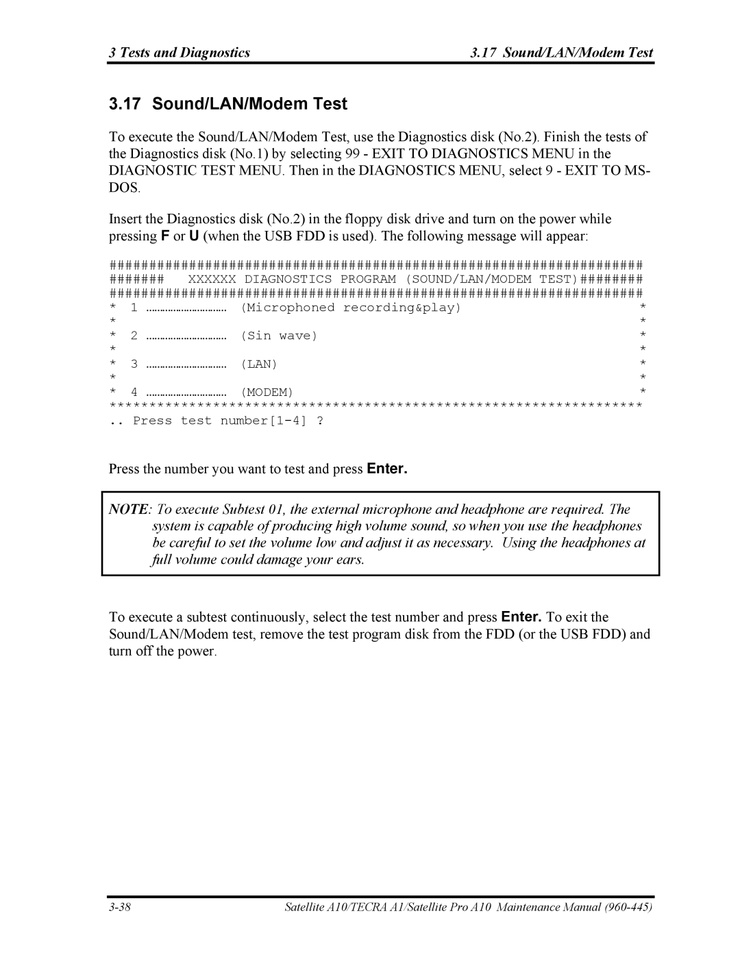 Toshiba A10 manual Tests and Diagnostics Sound/LAN/Modem Test 