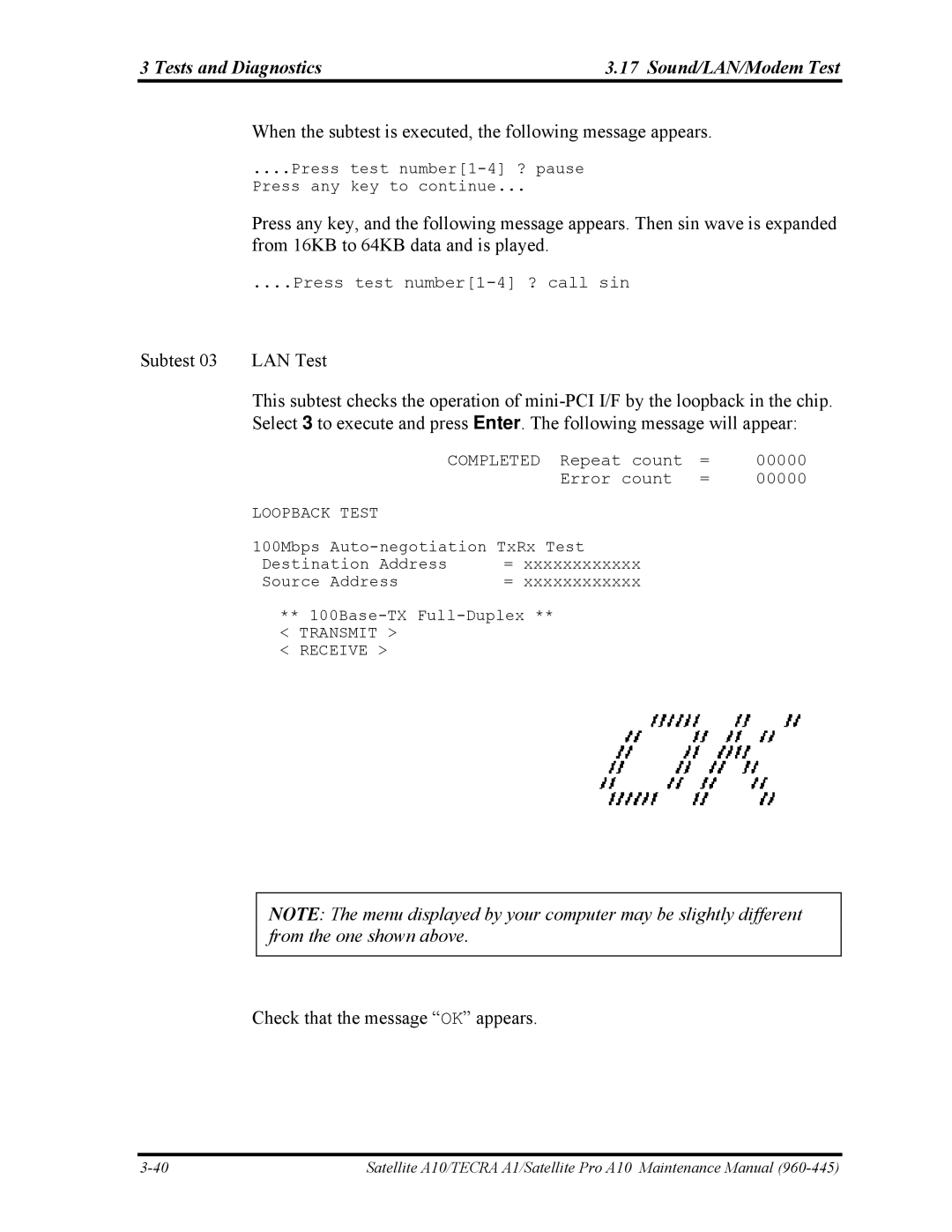 Toshiba A10 manual When the subtest is executed, the following message appears 