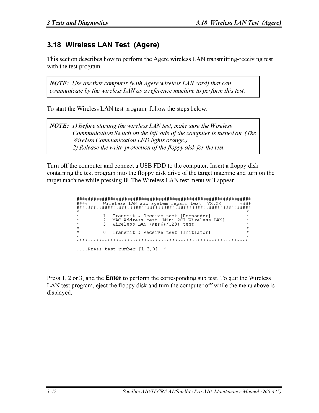 Toshiba A10 manual Tests and Diagnostics Wireless LAN Test Agere 