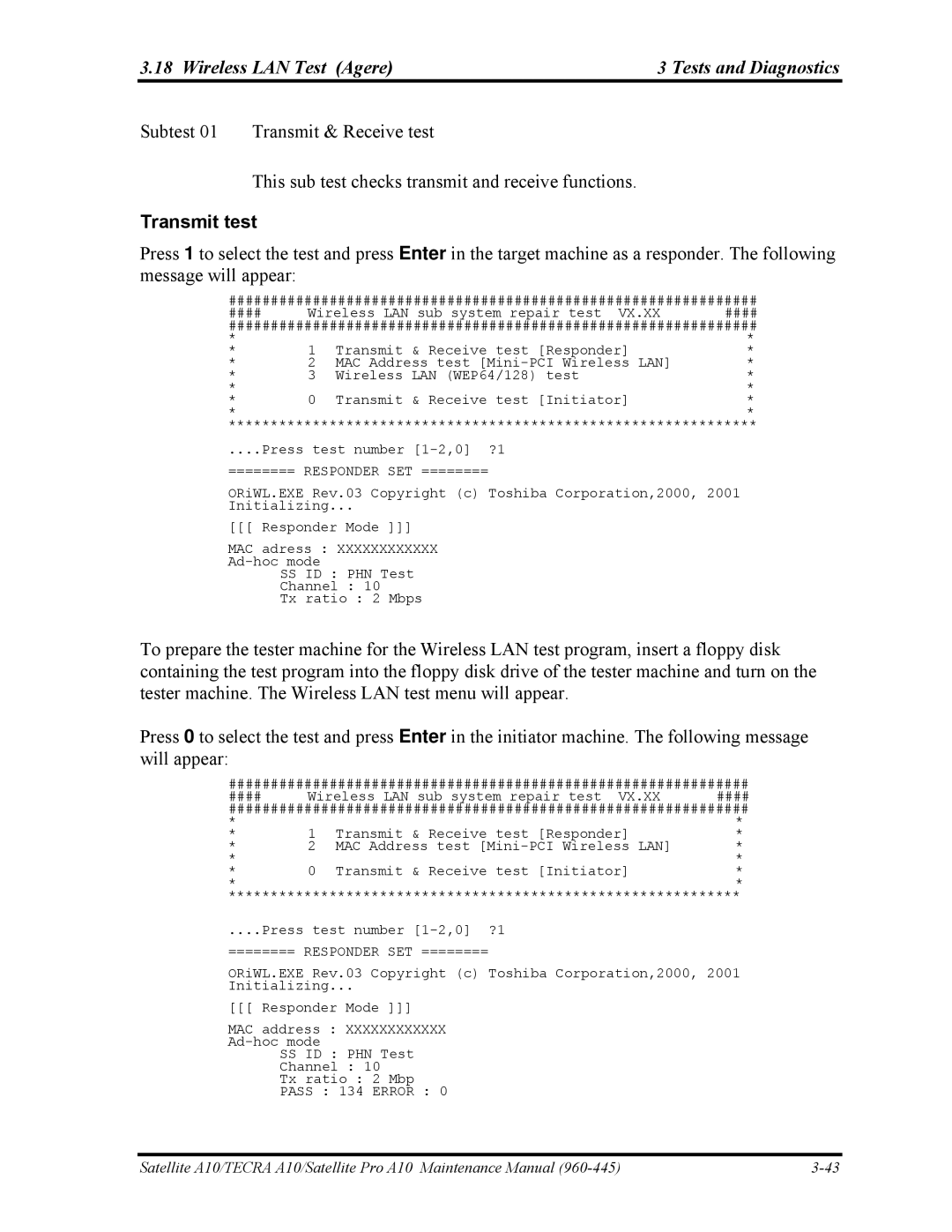 Toshiba A10 manual Wireless LAN Test Agere Tests and Diagnostics, Transmit test 