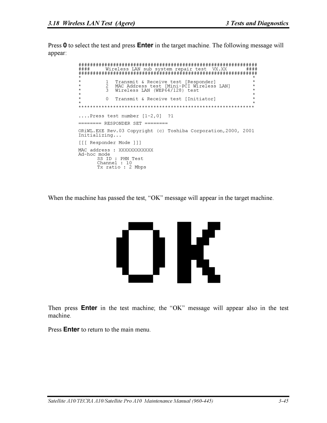 Toshiba A10 manual Wireless LAN Test Agere3 Tests and Diagnostics 