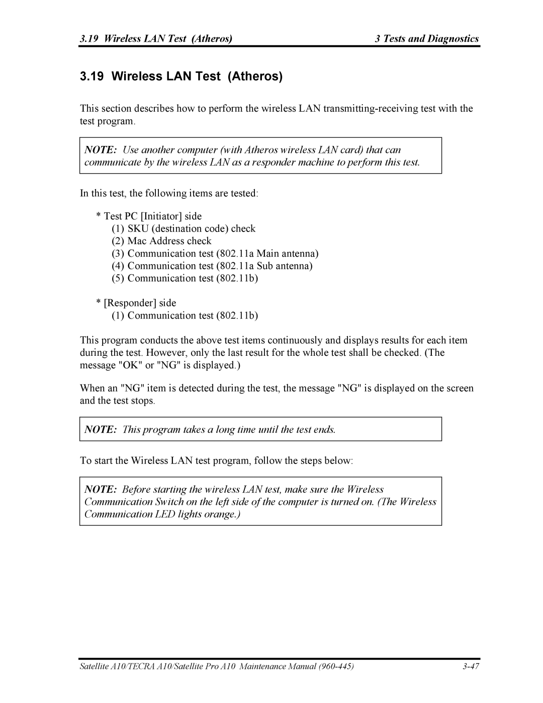 Toshiba A10 manual Wireless LAN Test Atheros Tests and Diagnostics 