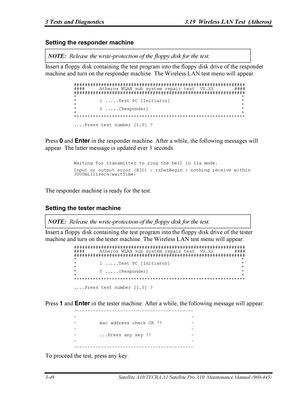 Toshiba A10 Tests and Diagnostics Wireless LAN Test Atheros, Setting the responder machine, Setting the tester machine 