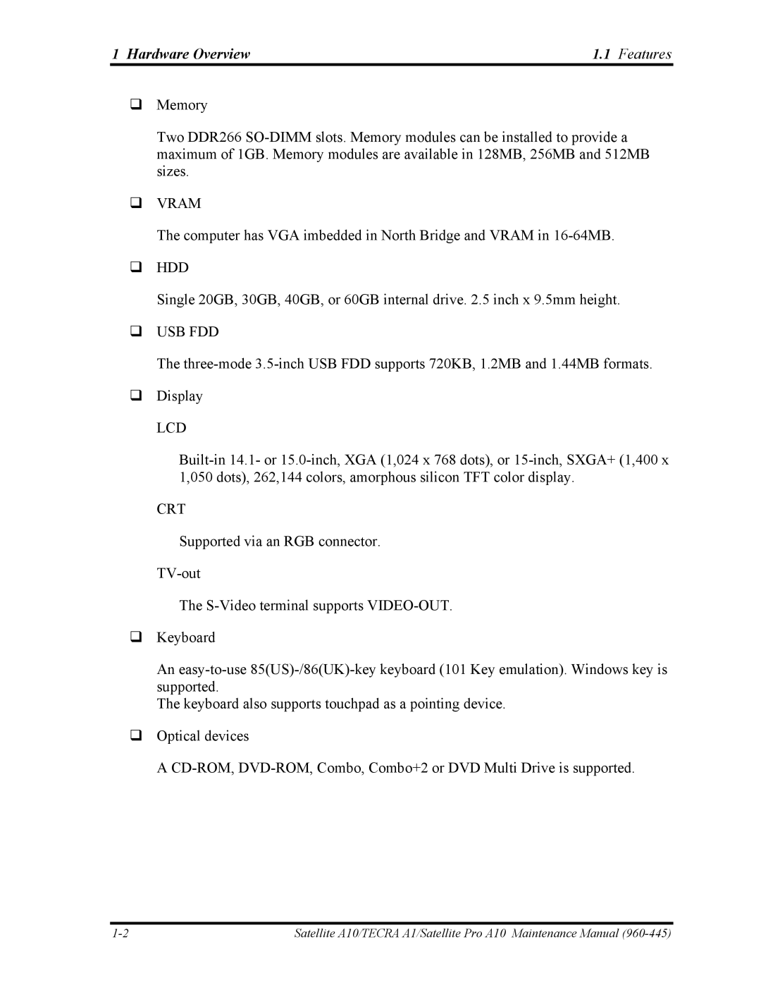 Toshiba A10 manual Hardware Overview Features, Lcd 