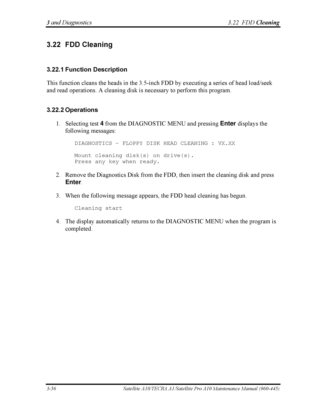 Toshiba A10 manual Diagnostics FDD Cleaning, Function Description, Operations 