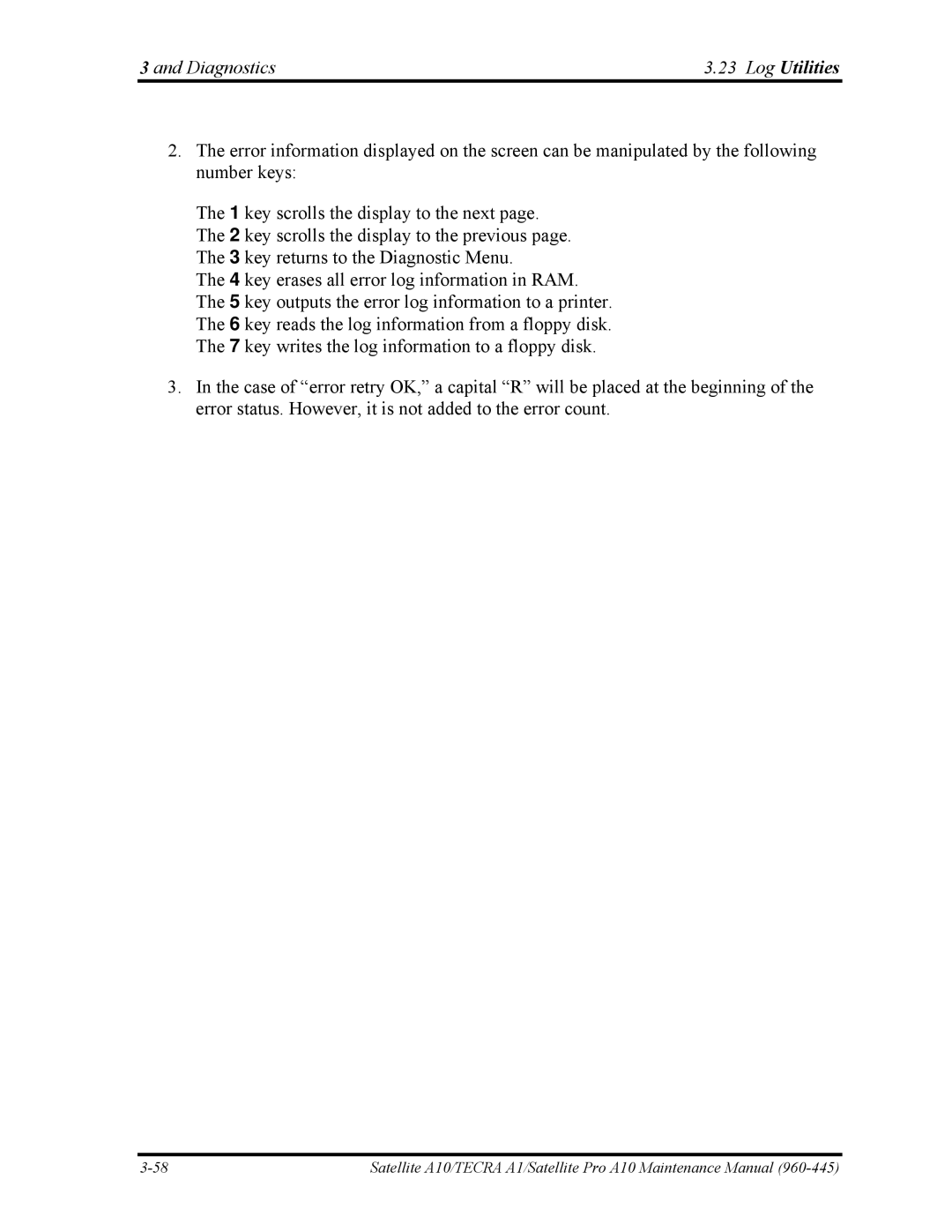 Toshiba A10 manual Diagnostics Log Utilities 