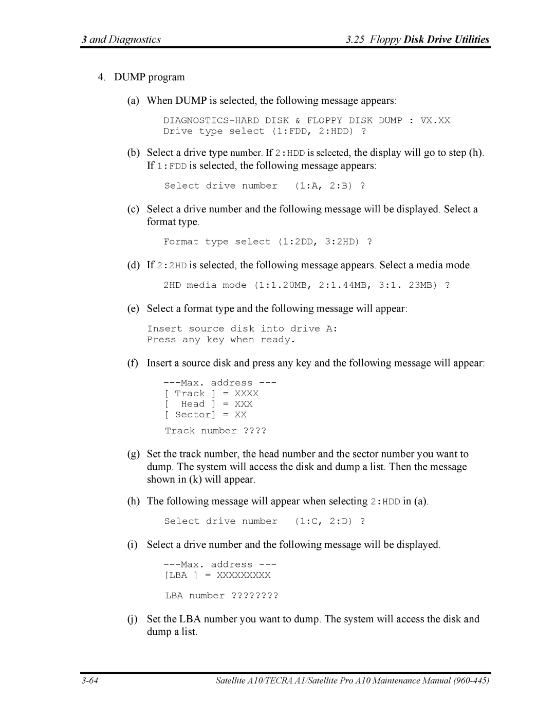 Toshiba A10 manual Select a format type and the following message will appear 