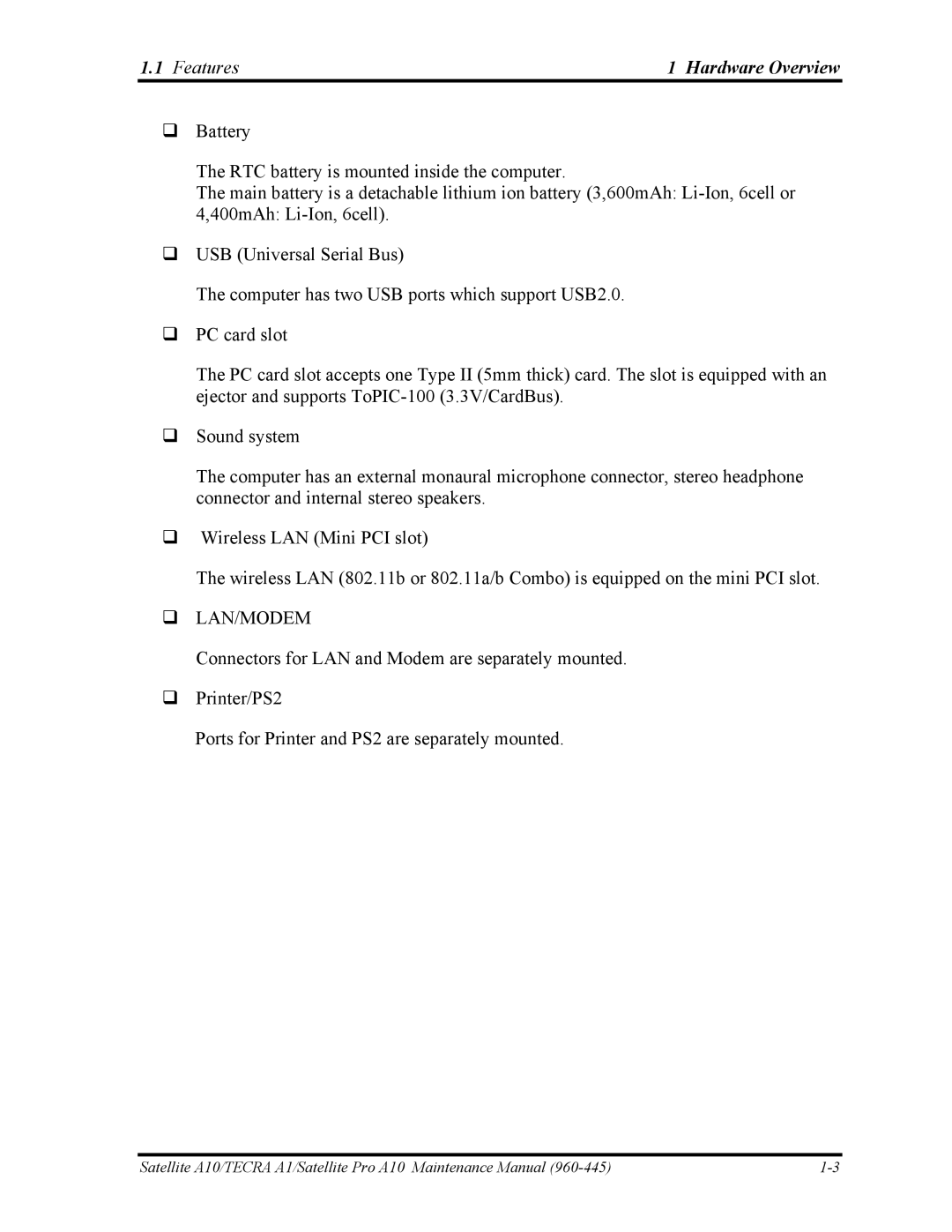 Toshiba A10 manual Lan/Modem 