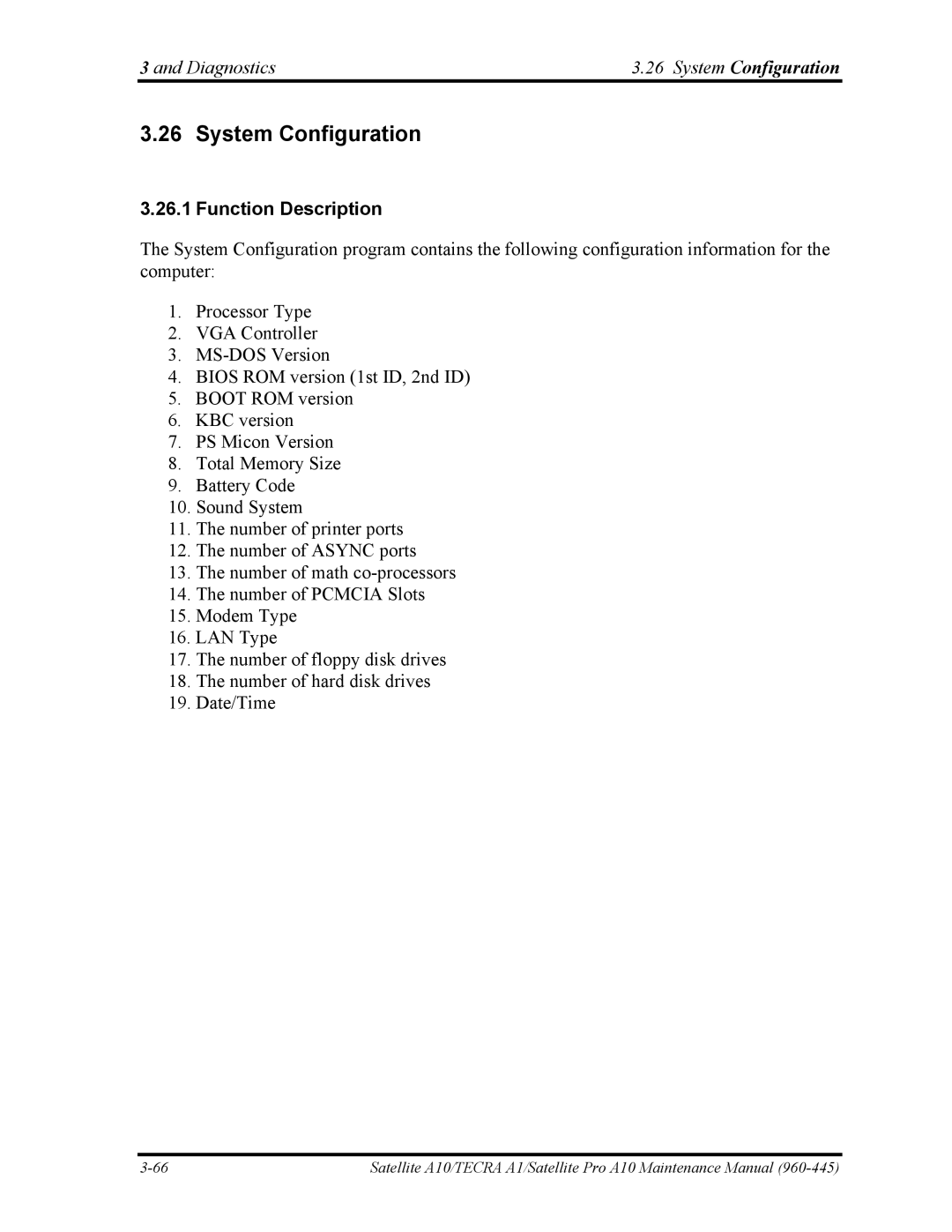 Toshiba A10 manual Diagnostics System Configuration 