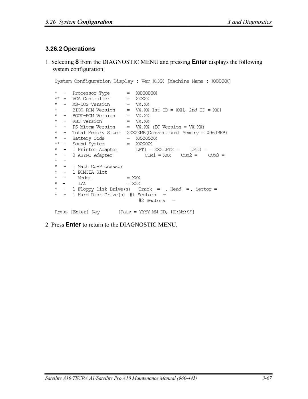 Toshiba A10 manual Press Enter to return to the Diagnostic Menu 