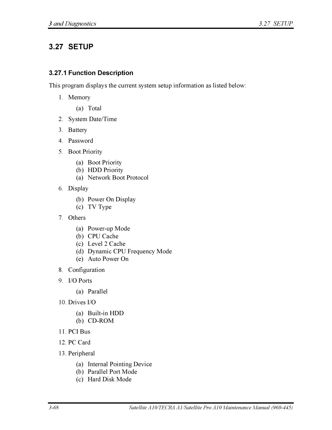 Toshiba A10 manual Diagnostics Setup 