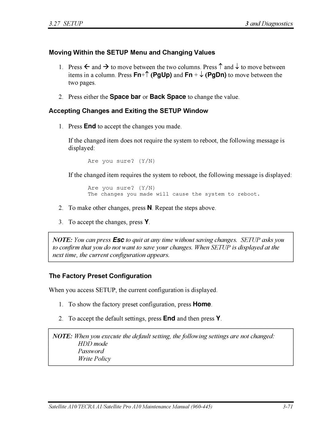 Toshiba A10 manual Moving Within the Setup Menu and Changing Values, Accepting Changes and Exiting the Setup Window 