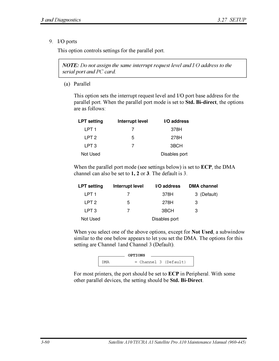 Toshiba A10 manual LPT setting Interrupt level Address 