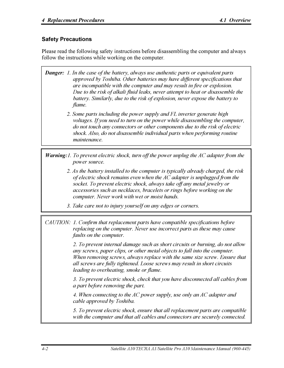 Toshiba A10 manual Replacement Procedures Overview, Safety Precautions 