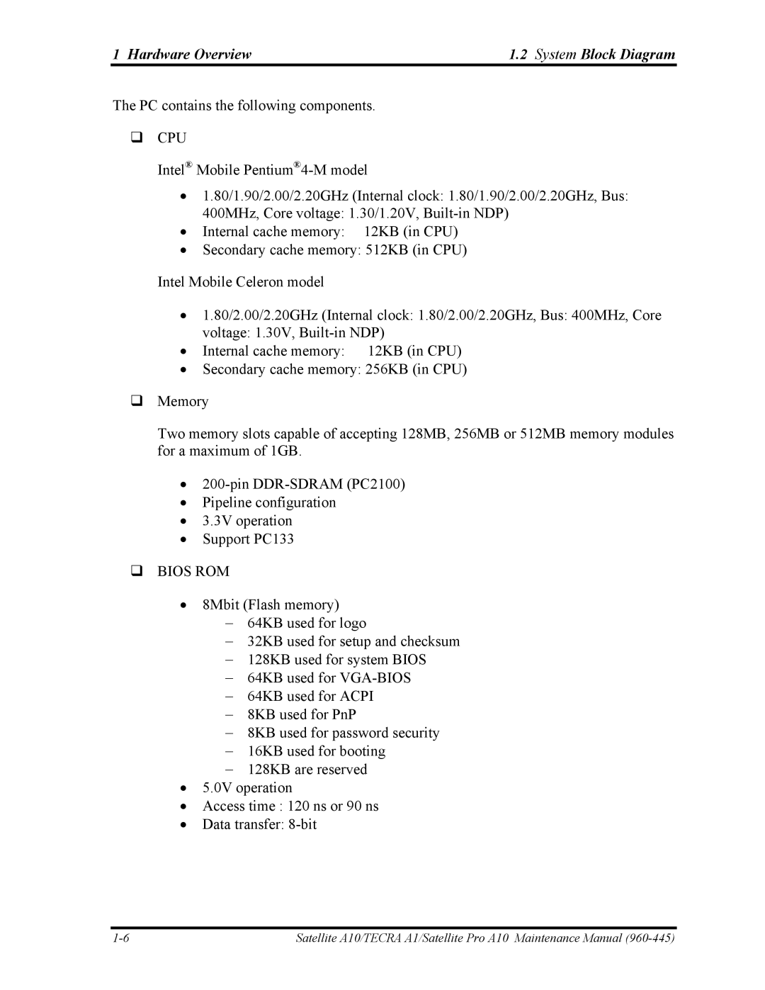 Toshiba A10 manual Hardware Overview System Block Diagram, Cpu 