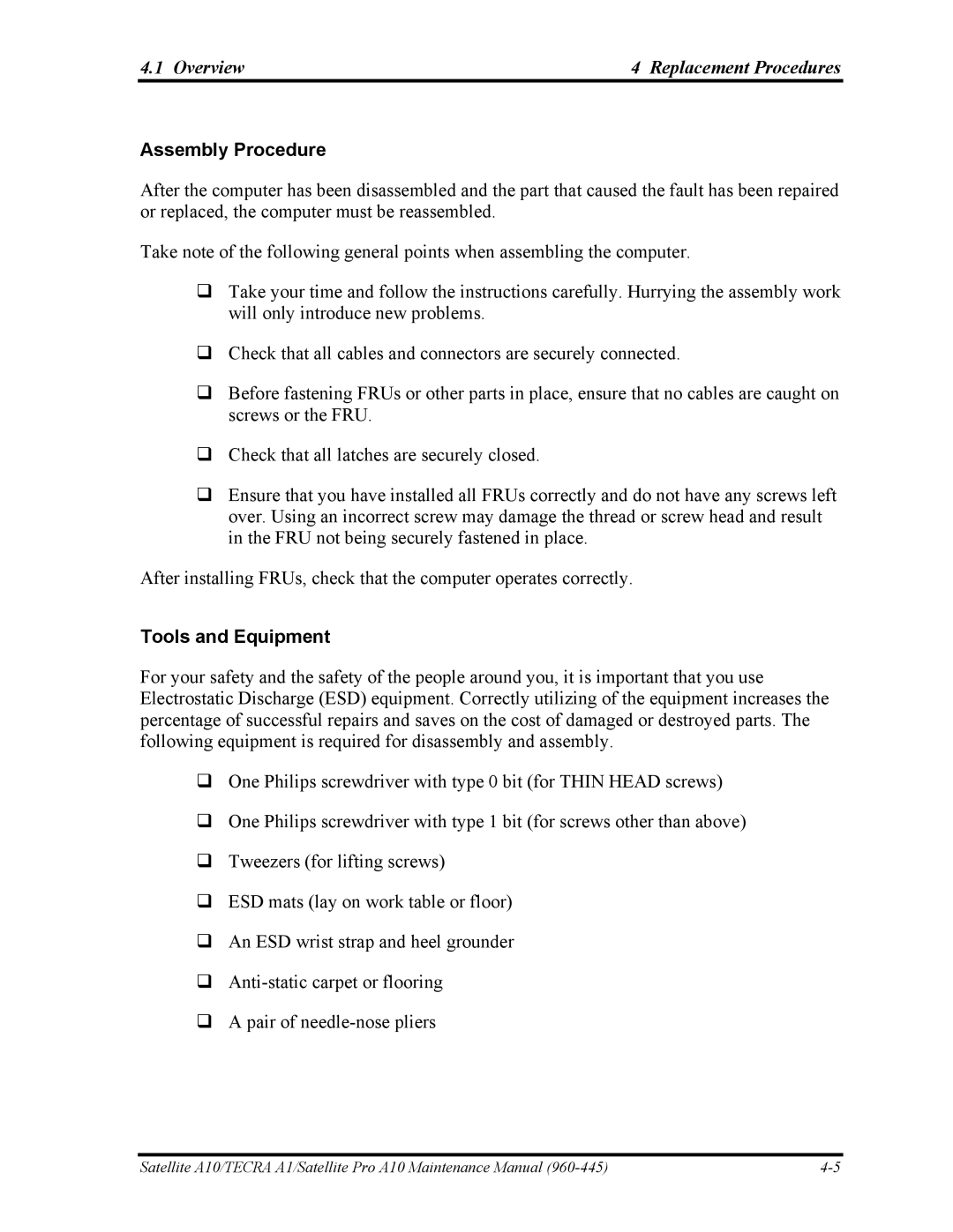 Toshiba A10 manual Assembly Procedure, Tools and Equipment 