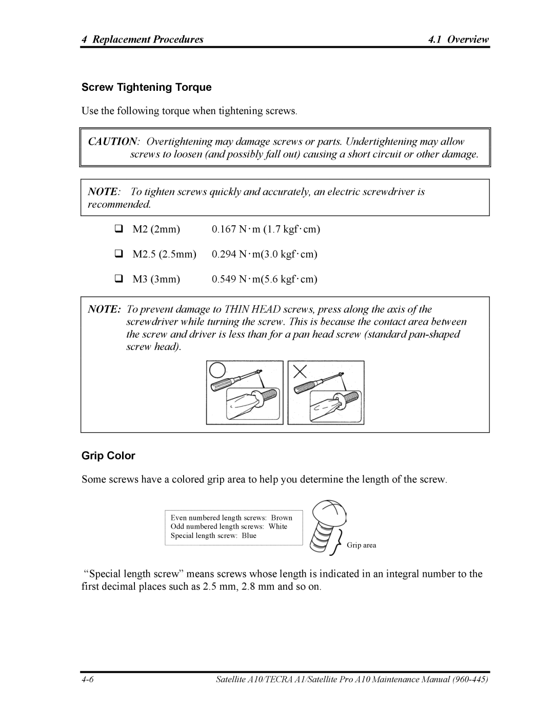 Toshiba A10 manual Screw Tightening Torque, Grip Color 