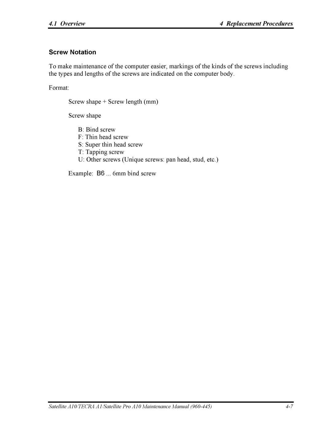 Toshiba A10 manual Screw Notation 